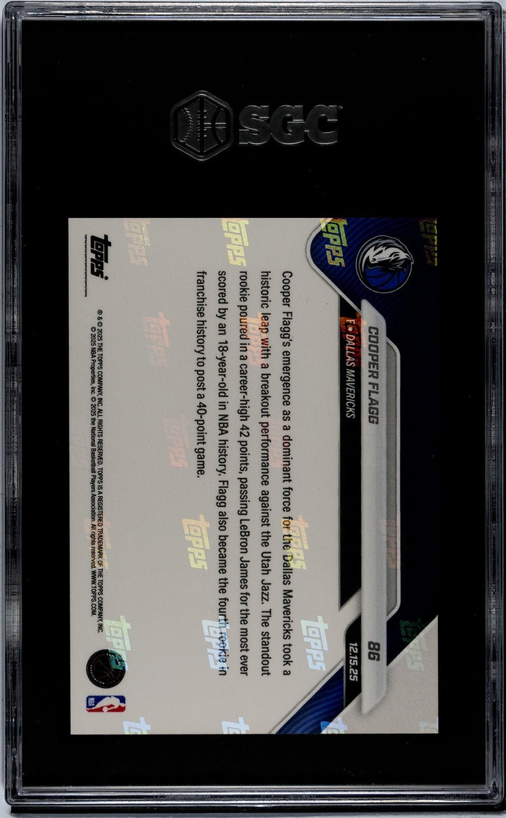 Graded 2025 Topps Now Cooper Flagg #86 Rookie RC Card SGC 10 Gem Mint