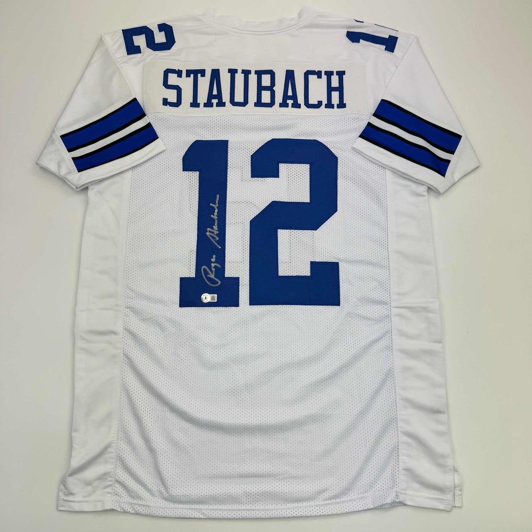 Autographed/Signed Roger Staubach Dallas White Jersey Beckett BAS COA