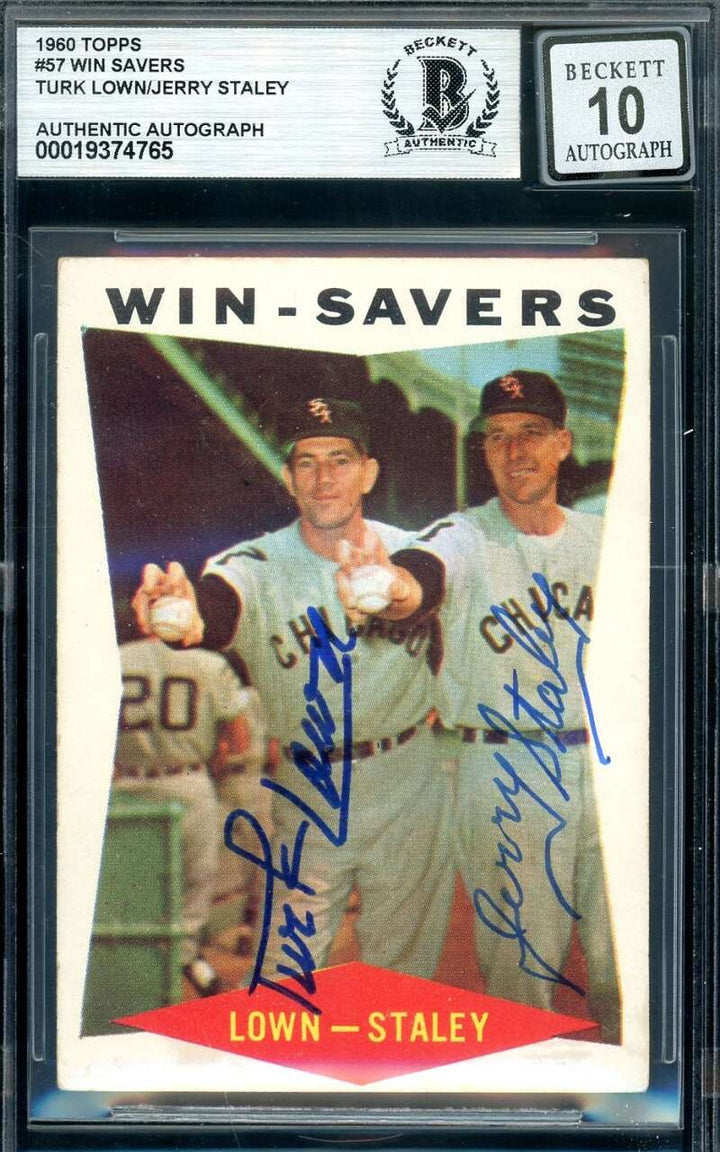 Turk Lown Jerry Staley Gem Mint 10 Beckett BAS Signed 1960 Topps Win Savers