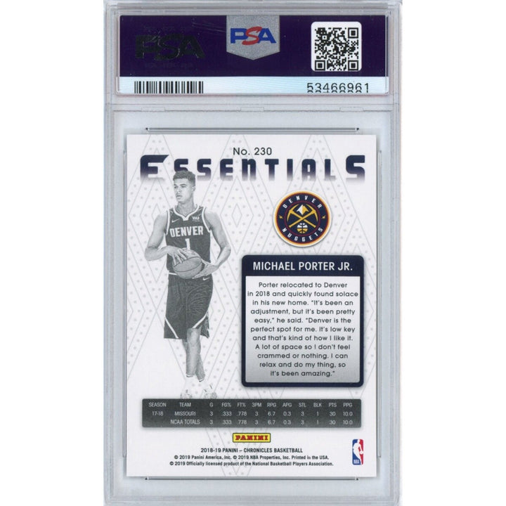 Graded 2018-19 Panini Chronicles MICHAEL PORTER JR #230 Rookie RC Card PSA 10