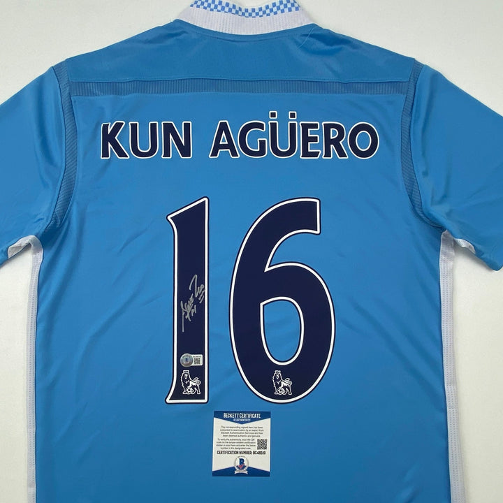 Autographed/Signed Sergio Kun Aguero Manchester City Blue Jersey BAS COA