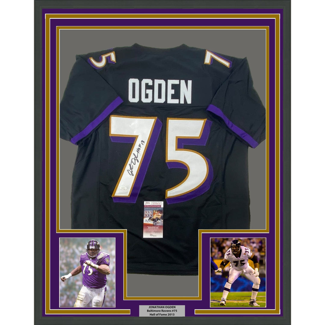 Framed Signed Jonathan Ogden 35x39 HOF 13 Baltimore Black Jersey JSA COA