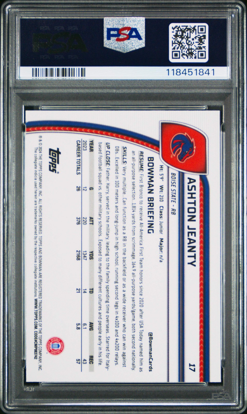 Graded 2024 Topps Bowman U Sapphire Ashton Jeanty #17 RC Football Card PSA 10