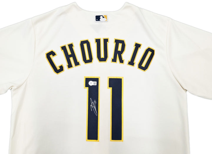 Milwaukee Brewers Jackson Chourio Auto Signed Cream Nike Jersey Size L Beckett