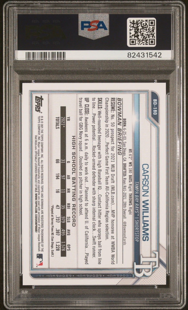 Graded 2021 Bowman Draft Carson Williams #BD180 1st Ed RC Card PSA 10