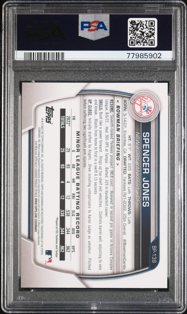 Graded 2023 Bowman Spencer Jones #BP139 Paper Prospects RC Baseball Card PSA 10