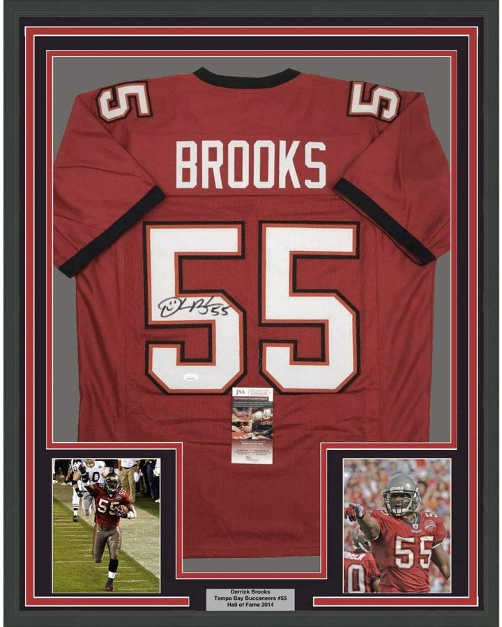 Framed Autographed/Signed Derrick Brooks 35x39 Tampa Bay Red Jersey JSA COA