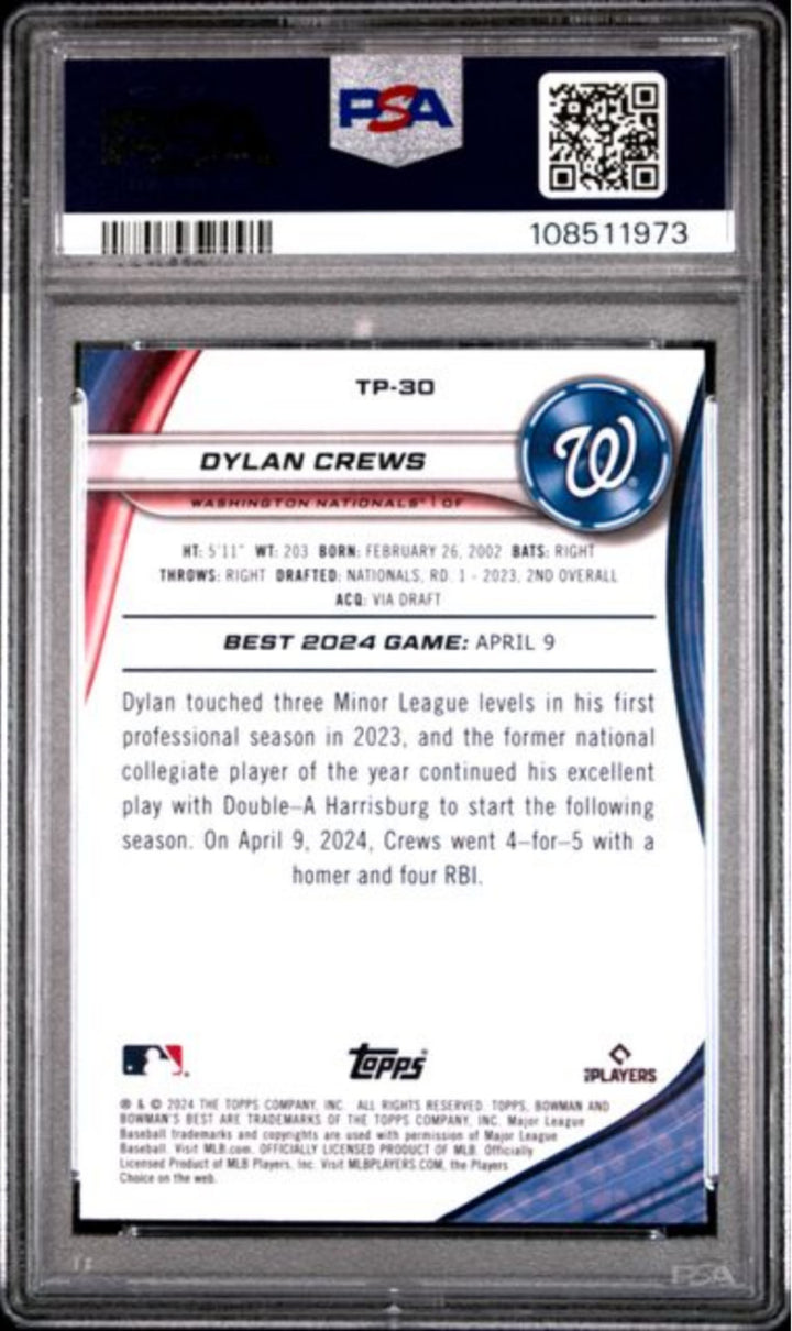 Graded 2024 Topps Bowmans Best Dylan Crews TP30 Top Prospects Rookie Card PSA 10