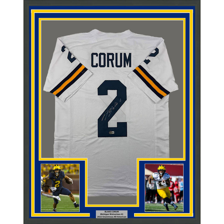 Framed Autographed/Signed Blake Corum 33x42 Michigan White Jersey BAS COA