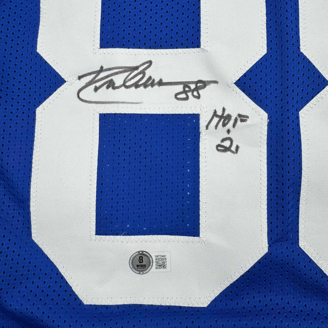 Autographed/Signed DREW PEARSON Dallas Blue Football Jersey JSA COA Auto