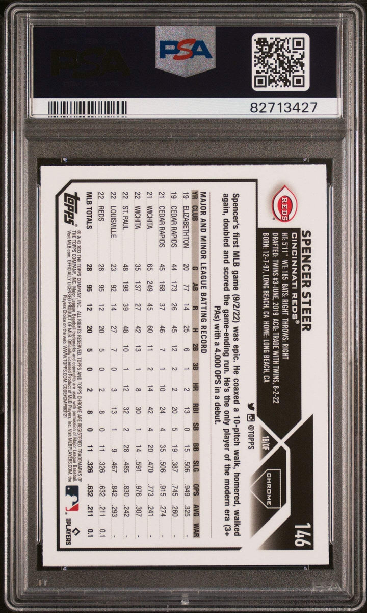 Graded 2023 Topps Chrome Spencer Steer #146 Prism Rookie RC Baseball Card PSA 10