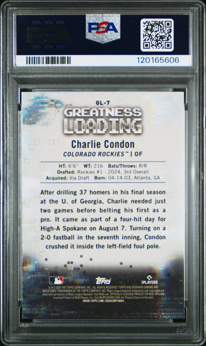 Graded 2025 Bowman Charlie Condon #GL7 Greatness Loading RC Card PSA 10