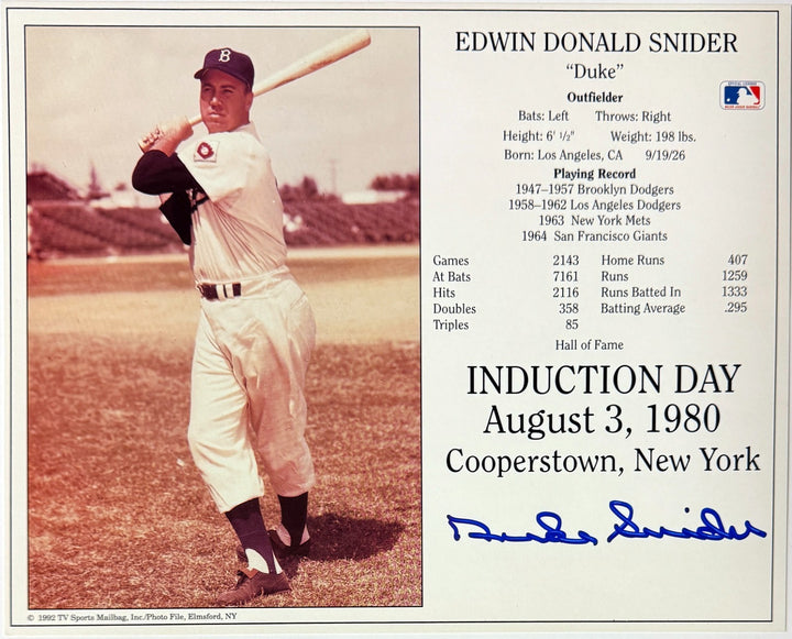Duke Snider signed Dodgers MLB Hall of Fame Induction Day 8x10 Photo/Card- COA