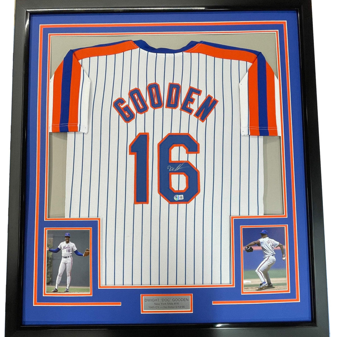 FRAMED Autographed/Signed DWIGHT DOC GOODEN 33x42 NY Pinstripe Jersey PSA COA