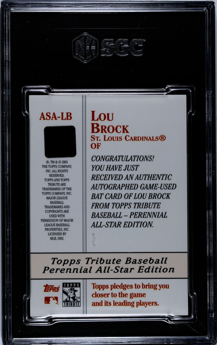 Lou Brock signed 2003 Topps Tribute AS Material On Card Auto ASA-LB-SGC Graded 8
