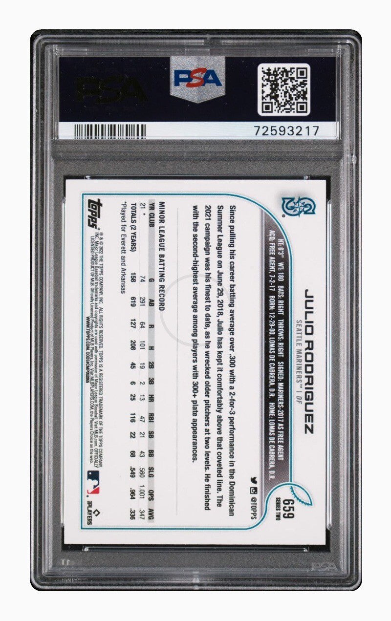 2022 Topps Series 2 #659 Julio Rodriguez SP PSA 9 Graded Mint RC Rookie Mariners