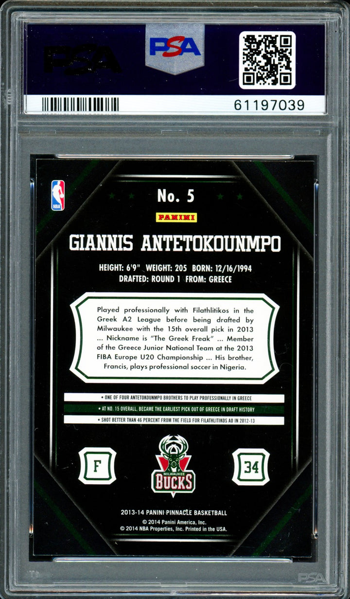 Giannis Antetokounmpo Auto 2013 Panini Pinnacle RC 5 Bucks PSA 8 Sig 10 PSA/DNA