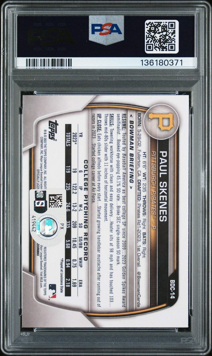Graded 2023 Bowman Draft Paul Skenes BDC14 Chrome Rookie Card PSA Authentic Auto
