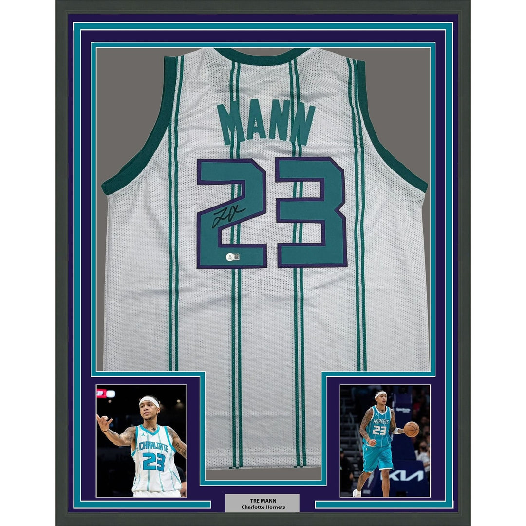 Framed Autographed/Signed Tre Mann 35x39 Charlotte White Jersey Beckett COA