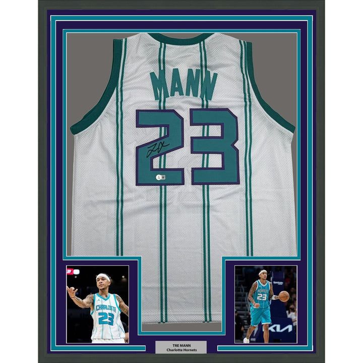 Framed Autographed/Signed Tre Mann 35x39 Charlotte White Jersey Beckett COA