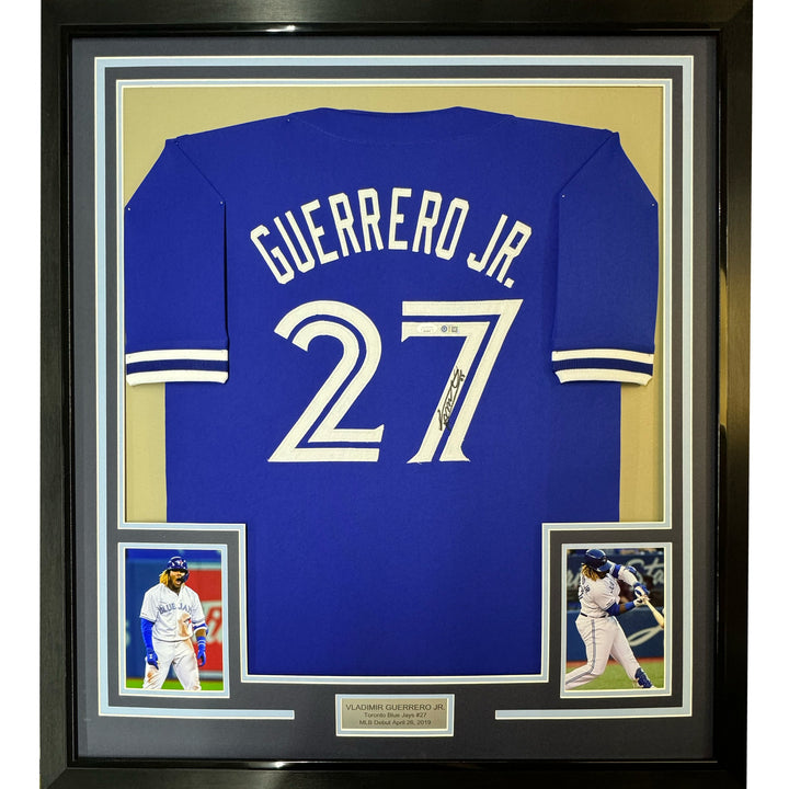 FRAMED Autographed/Signed VLADIMIR VLAD GUERRERO JR 33x42 Blue Jersey PSA COA