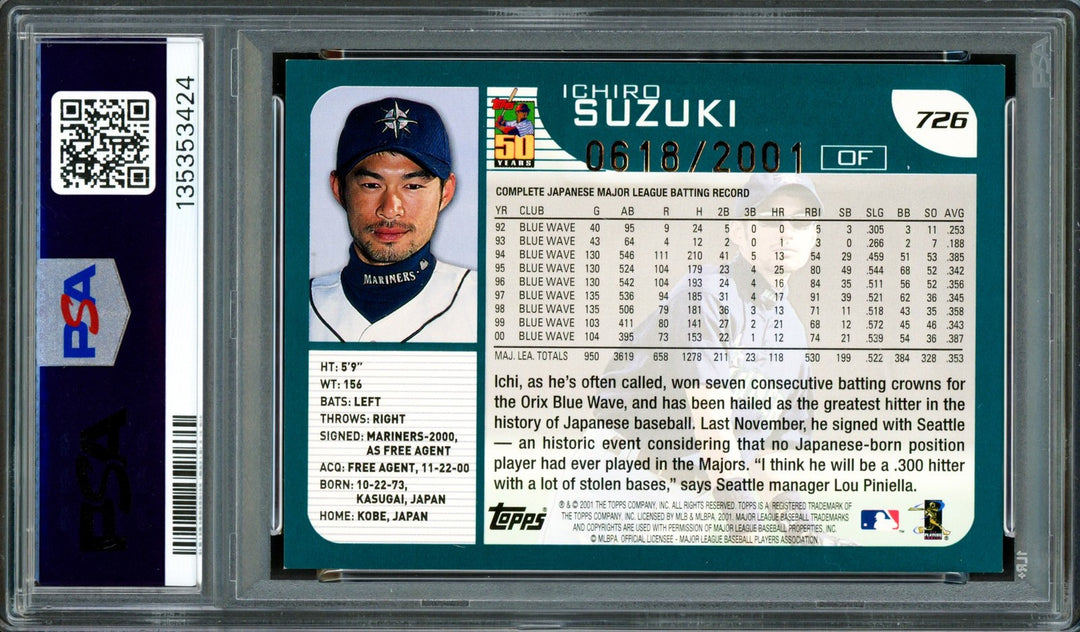 Ichiro Suzuki Auto 2001 Topps Gold RC 726 Mariners Auto GM 10 "HOF 25" PSA/DNA