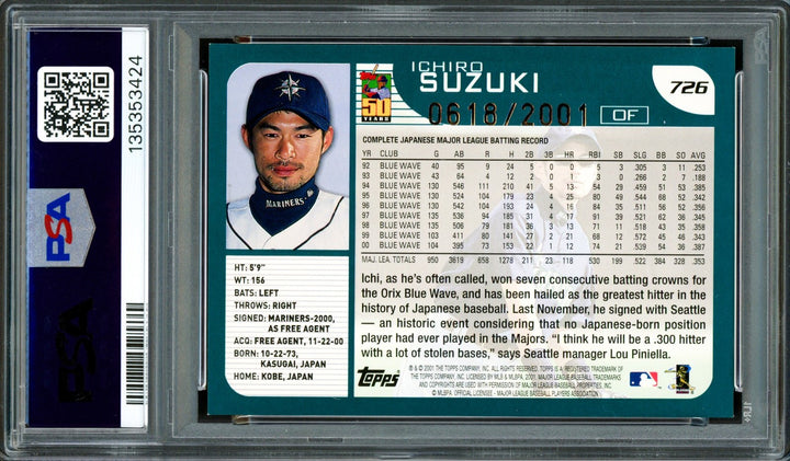 Ichiro Suzuki Auto 2001 Topps Gold RC 726 Mariners Auto GM 10 "HOF 25" PSA/DNA