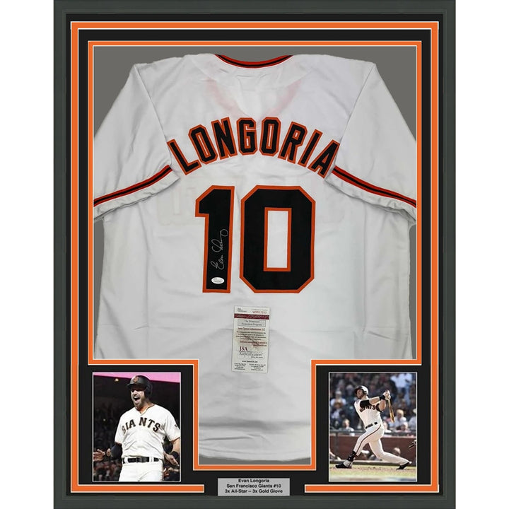 Framed Signed Evan Longoria 35x39 San Francisco White Jersey JSA COA