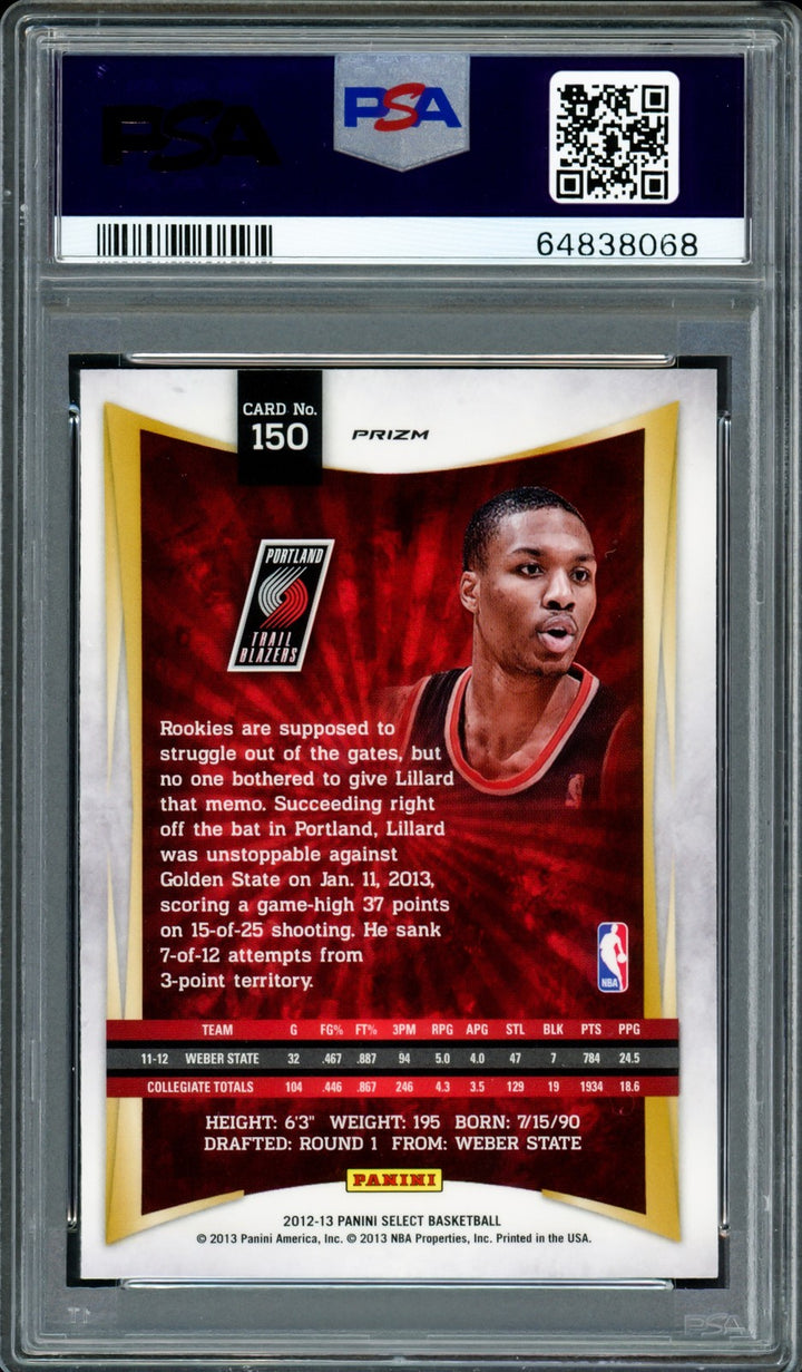 Damian Lillard Signed 2012-13 Panini Select Silver Prizm RC 150 PSA 8 Sig 10