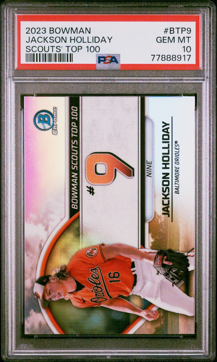 Graded 2023 Bowman Jackson Holliday #BTP9 Scouts Top 100 RC Baseball Card PSA 10