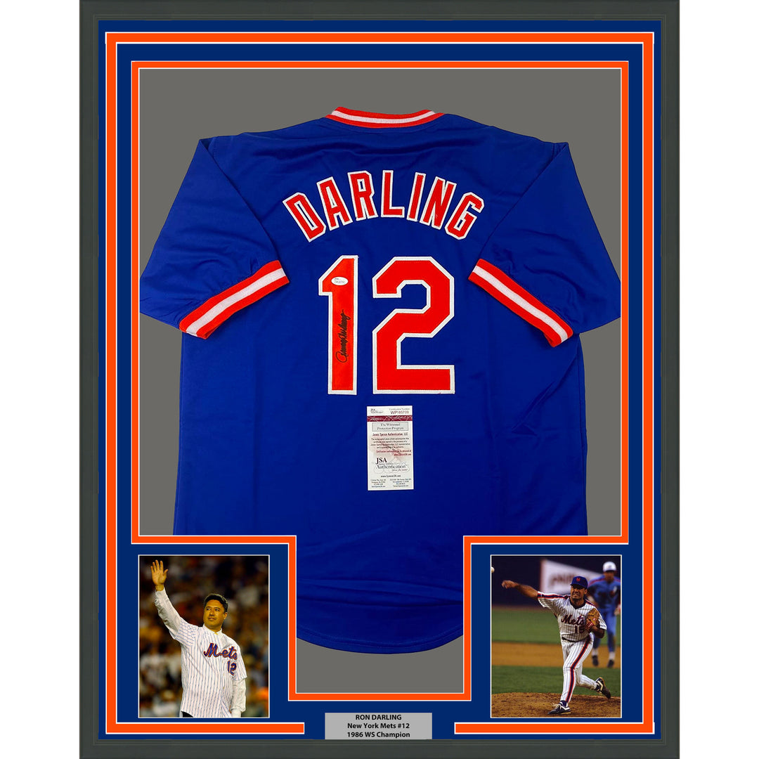 Framed Autographed/Signed Ron Darling 33x42 New York Blue Jersey JSA COA