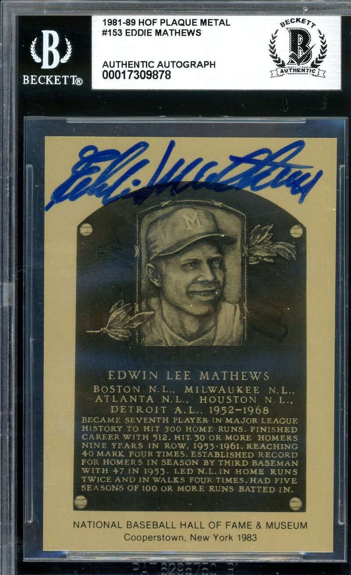 Eddie Mathews Beckett BAS Signed 1981-89 Metallic Hall Of Fame Plaque Autograph