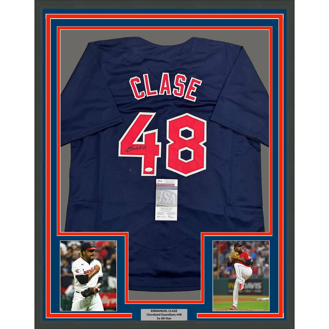 Framed Signed Emmanuel Clase 35x39 Cleveland Blue Jersey JSA COA