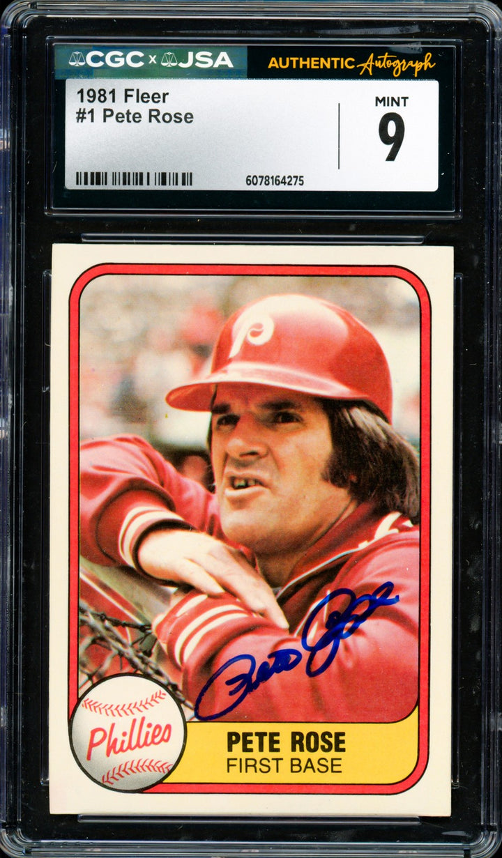 Pete Rose Signed 1981 Fleer Card 1 Phillies Card 9 CGC x JSA