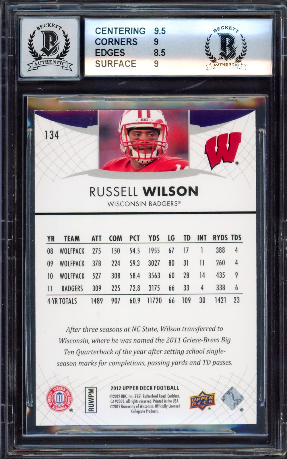 Russell Wilson Signed 2012 Upper Deck RC #134 Wisconsin Badgers BGS 9 Auto 10