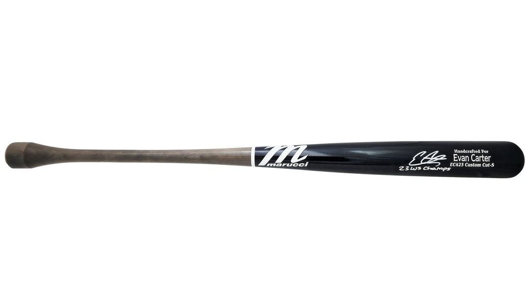 Evan Carter Auto Navy/Grey Marucci Player Model Bat Rangers 23 WS Champs Beckett