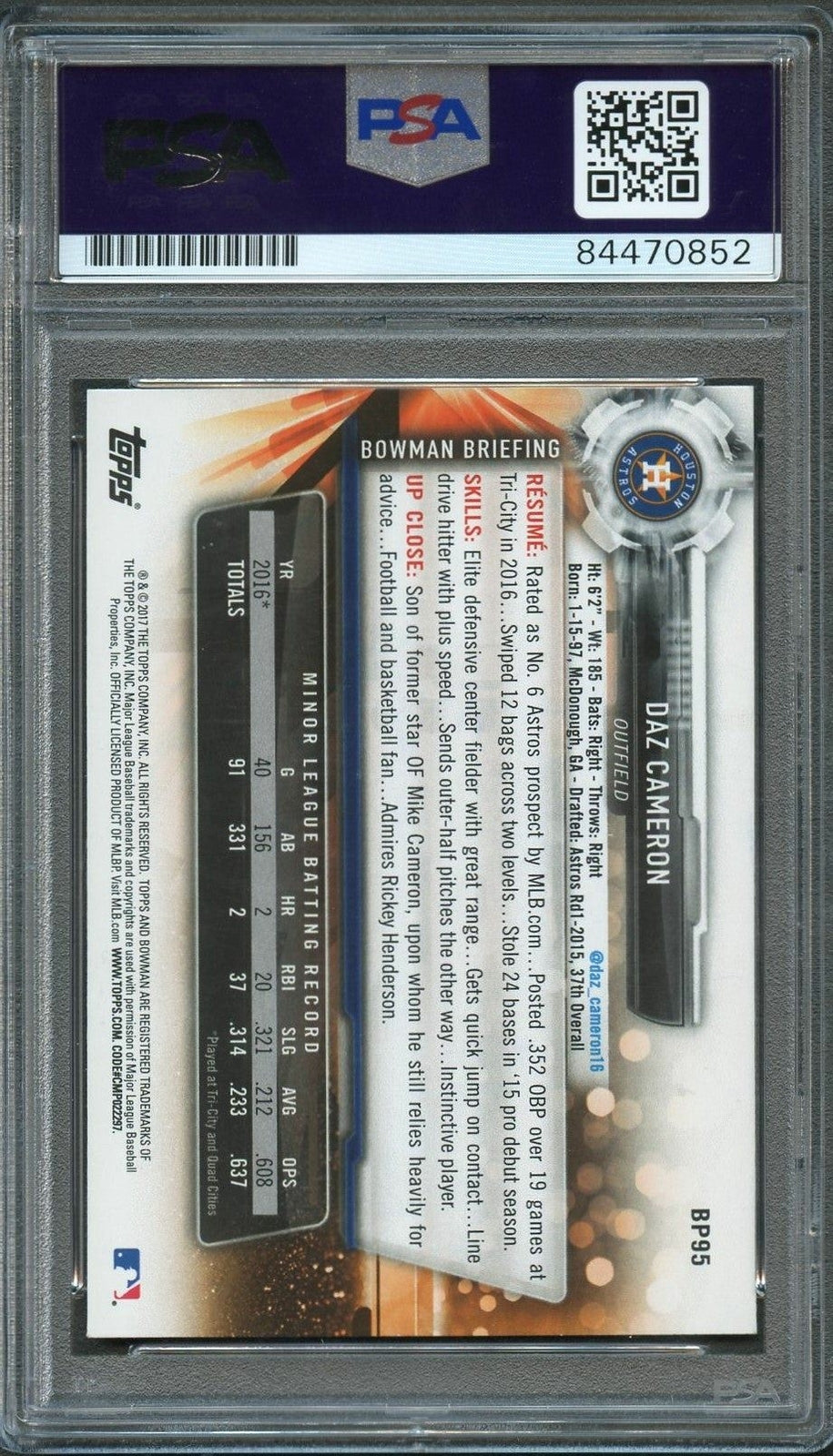 2017 Bowman #BP-095 DAZ CAMERON Signed Card PSA Slabbed Auto 10 Astros