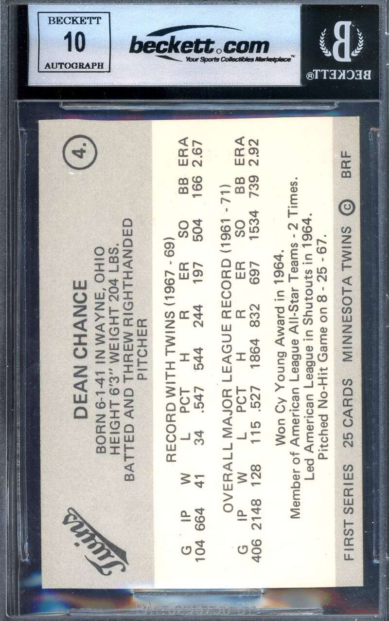 Dean Chance Gem Mint 10 Beckett BAS Signed 1978 Frisz Twins Autograph