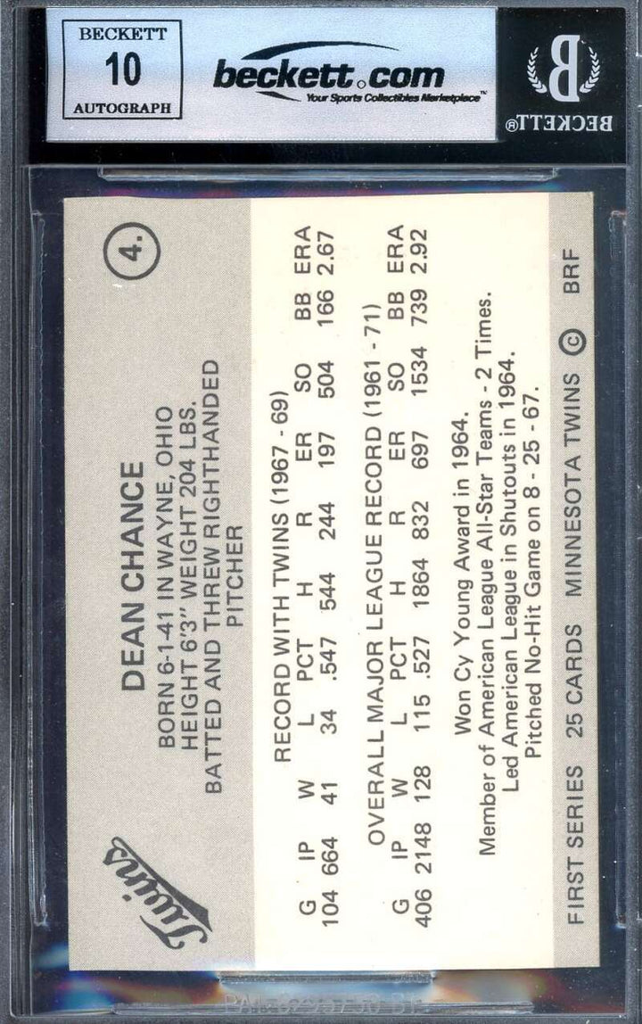 Dean Chance Gem Mint 10 Beckett BAS Signed 1978 Frisz Twins Autograph