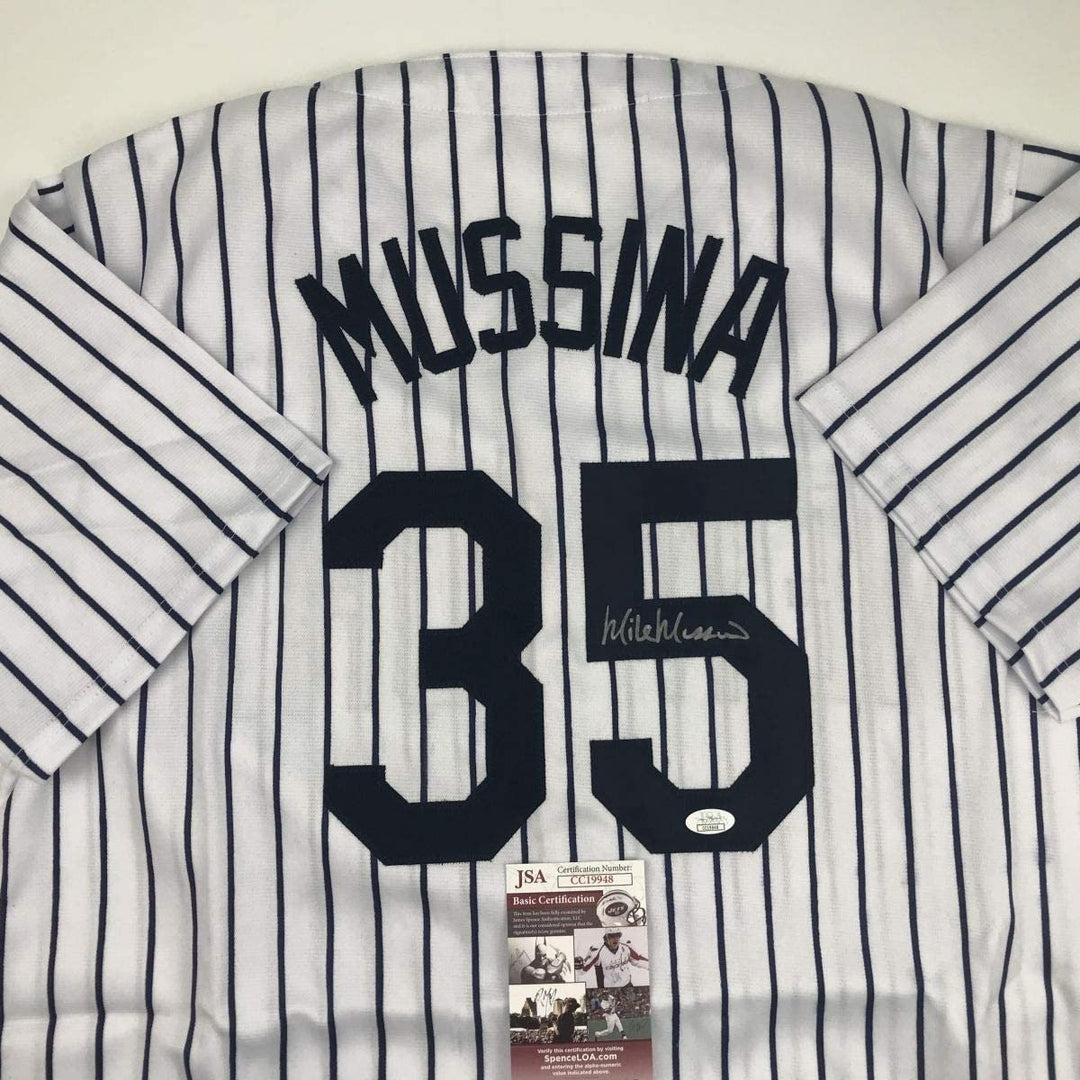 Autographed/Signed MIKE MUSSINA New York Pinstripe Jersey JSA COA Auto