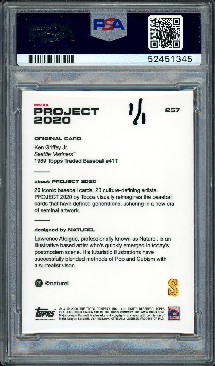 Ken Griffey Jr. Signed Topps Project 2020 Naturel Card 257 1989 #1/1 PSA/DNA