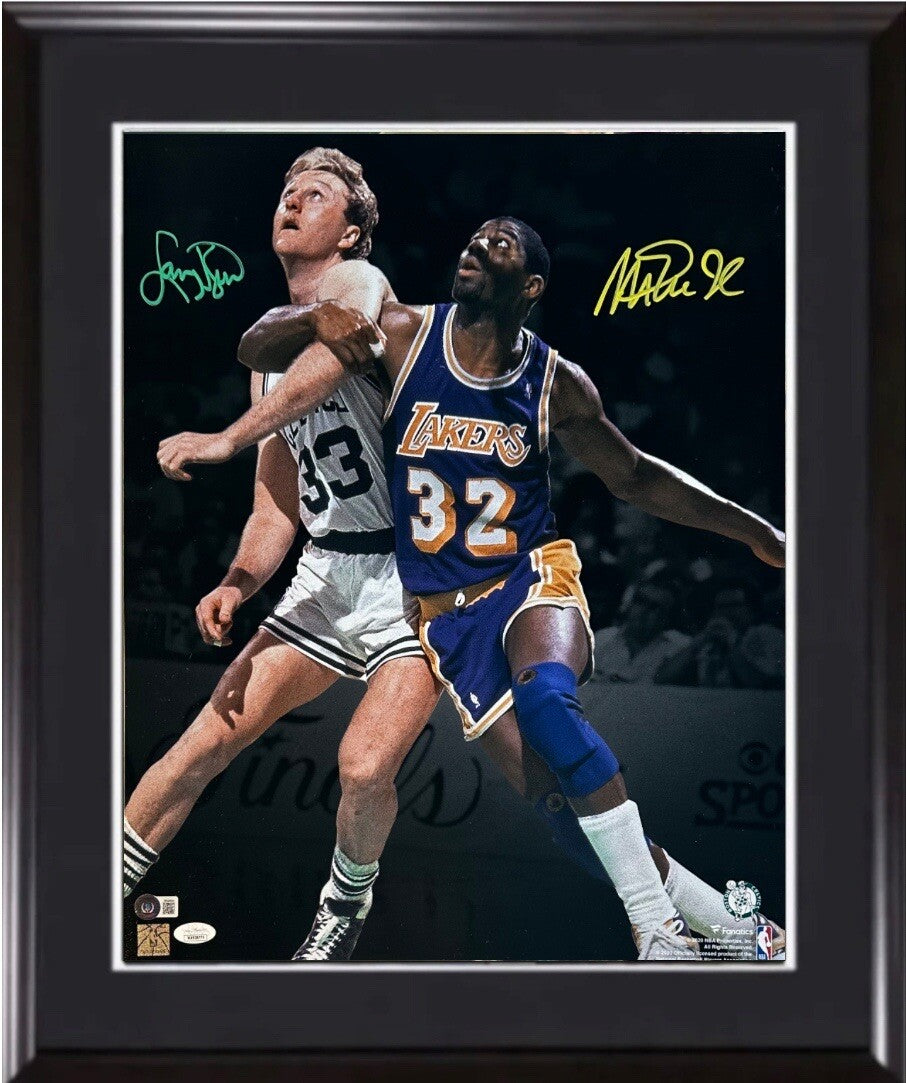Larry Bird Magic Johnson Dual Signed 16x20 Framed Photo 2 Auto Lakers BAS JSA