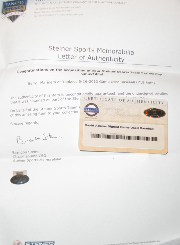 DAVID ADAMS SIGNED NY YANKEES vs MARINERS 2013 GAME USED BALL CLEVELAND INDIANS