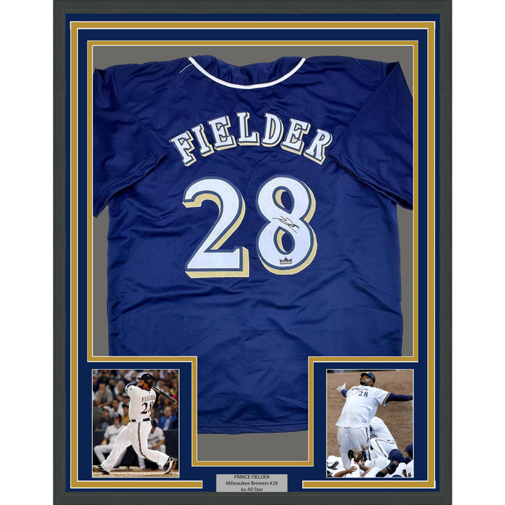 Framed Facsimile Autographed Prince Fielder 35x39 Milwaukee Blue Reprint Jersey