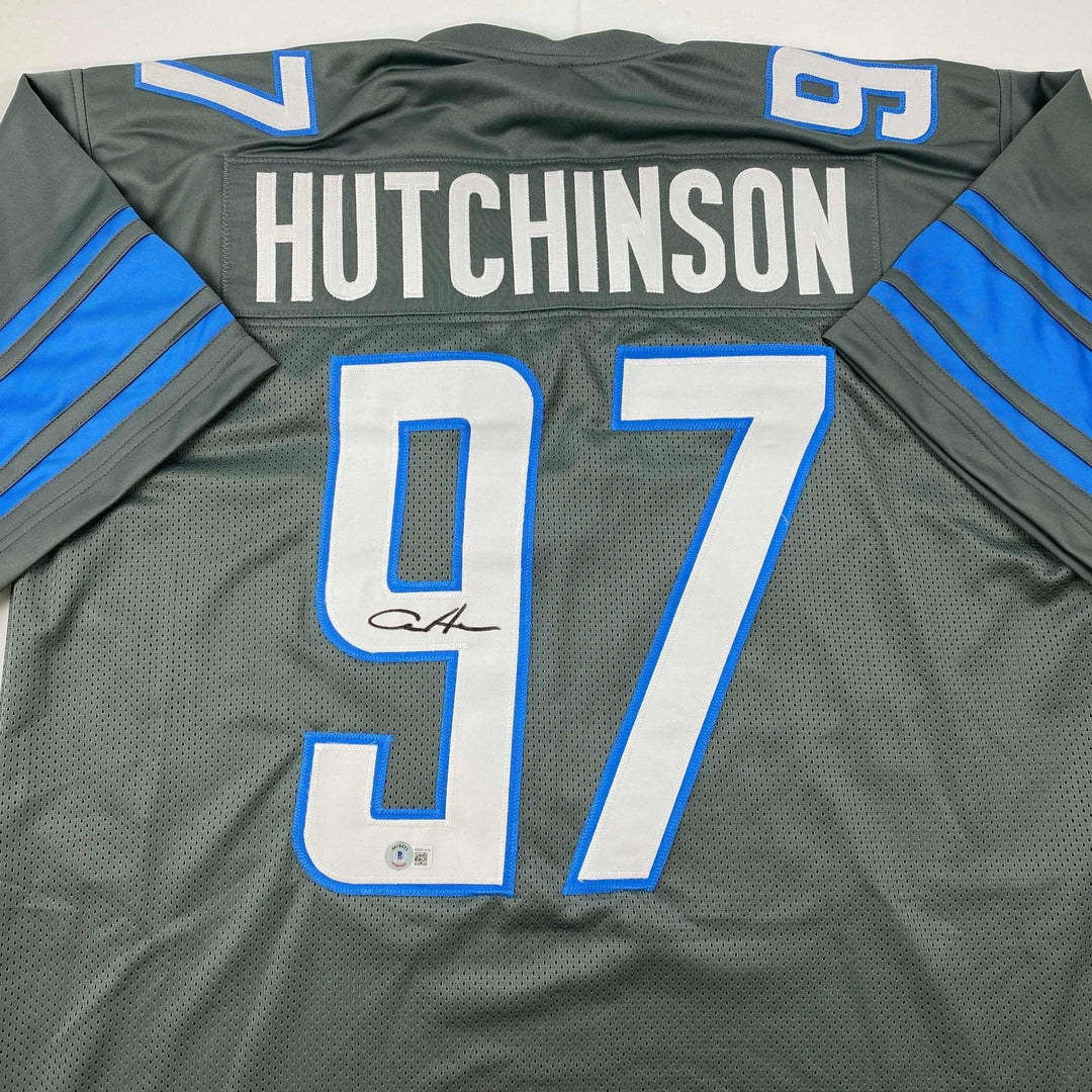 Autographed/Signed Aidan Hutchinson Detroit Grey Jersey Beckett BAS COA