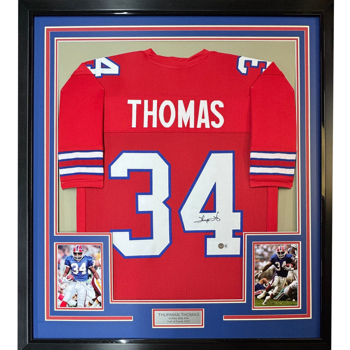 Framed Autographed/Signed Thurman Thomas 35x39 Buffalo Red Jersey JSA COA