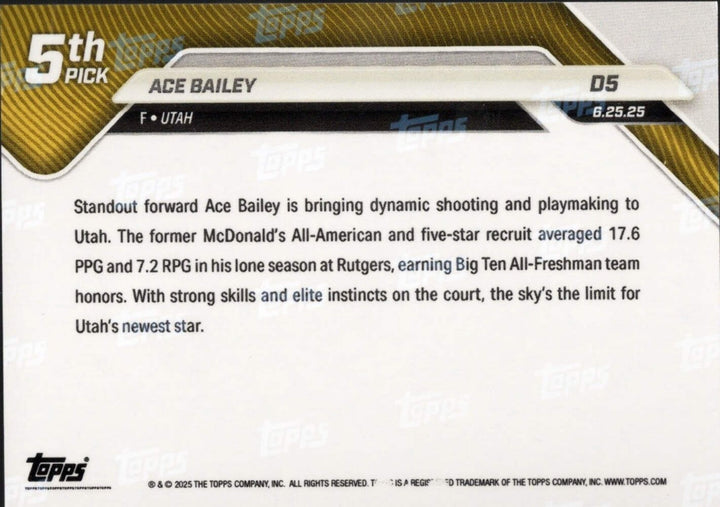 2025 Topps Now Ace Bailey #D5 Orange Foil /25 Utah Jazz Rookie RC Basketball Car