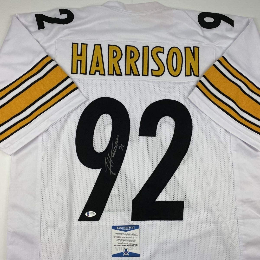 Autographed/Signed JAMES HARRISON Pittsburgh White Jersey Beckett COA