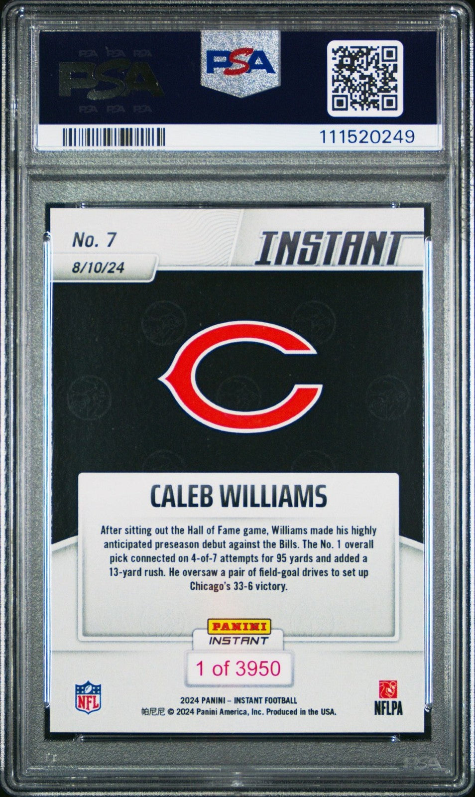 Graded 2024 Panini Instant Caleb Williams #7 Rookie RC Football Card PSA 10 Mint