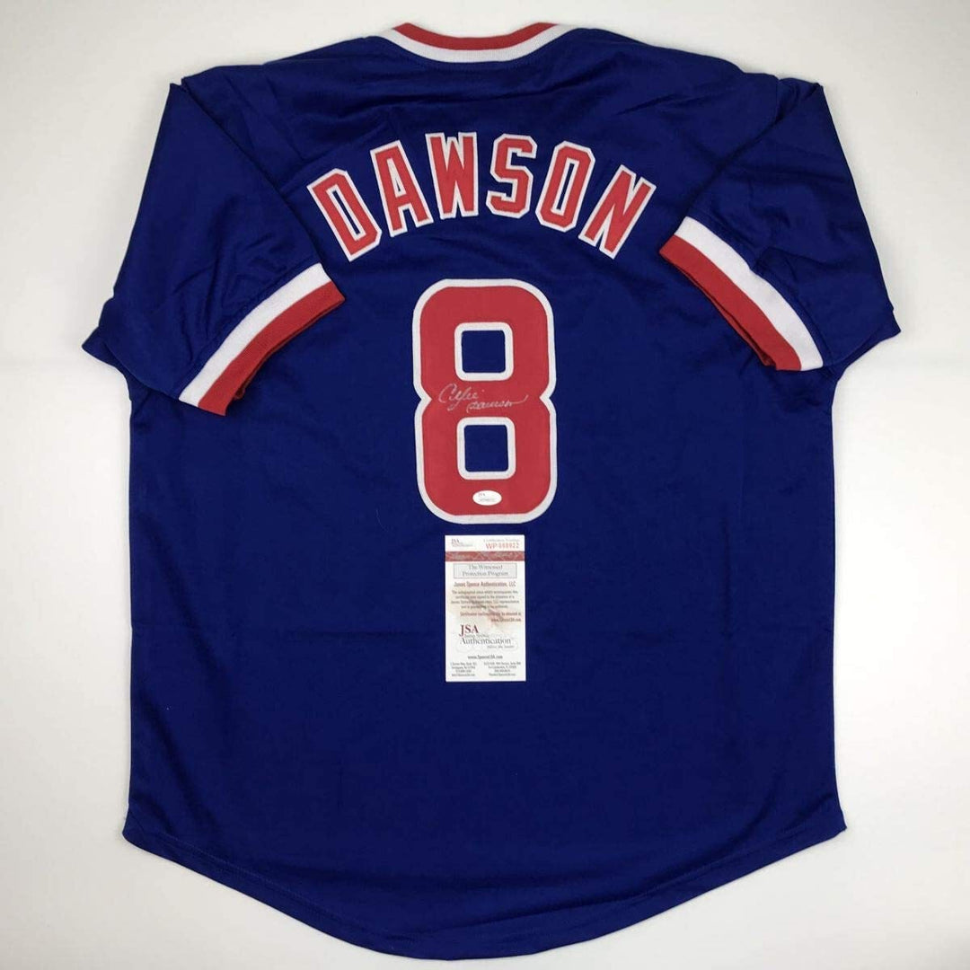 Autographed/Signed ANDRE DAWSON Chicago Blue Baseball Jersey JSA COA Auto